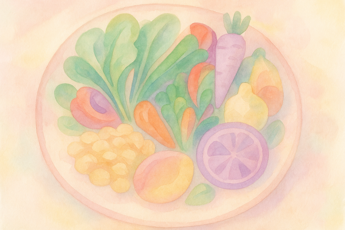 abstract, pastel coloured illustration of a healthy food plate