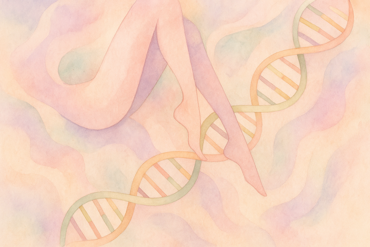 abtract, pastel coloured illustration of female legs and a dna strand